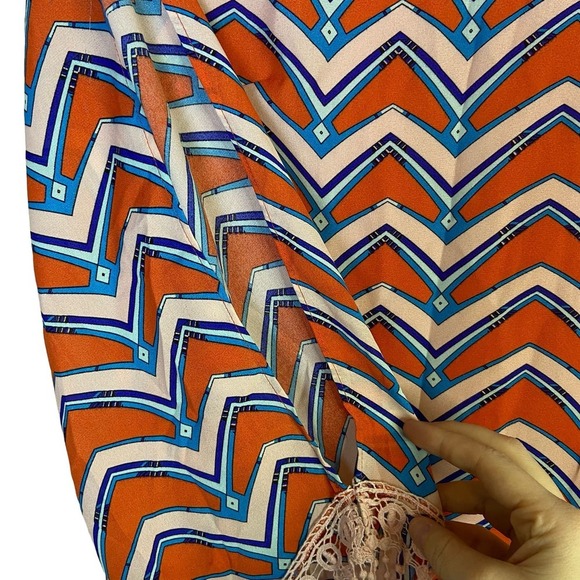 Umgee Size Med Boomerang‎ Knee Length Dress Orange Blue Fringe Trim Split Sleeve - Picture 3 of 10